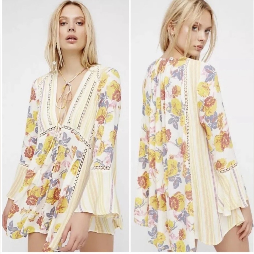 Free People Lovestoned Floral Mini Dress Small Tunic Long Sleeves Oversized Boho